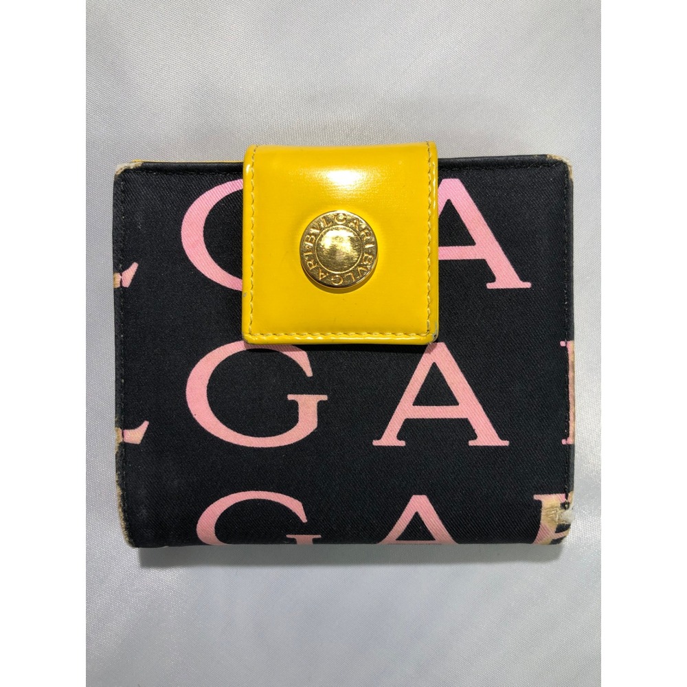 Bvlgari Logomania Bifold Wallet Black Pink Canvas Yellow Leather Italy ABEMEM